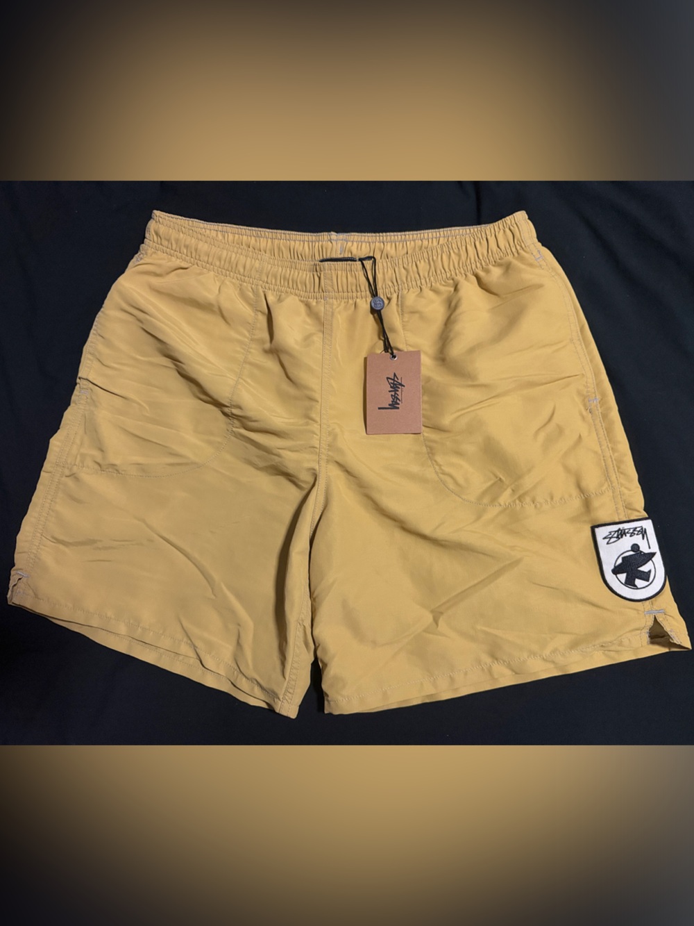 Stussy Men's Mustard Yellow Swim Shorts with Logo Patch